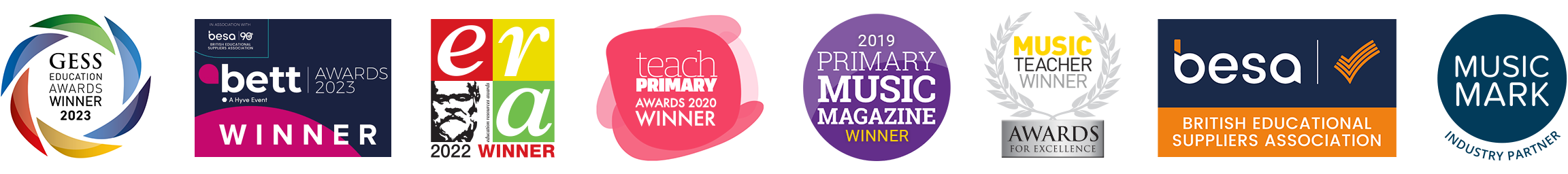 Winner of GESS award 2023, winner of Bett award 2023, Winner of Education Resources Award 2022, winner of Teach Primary award 2020, winner of Primary Music Magazine award 2019, Winner of Music Teacher award, member of British Educational Suppliers Association, Music Mark industrial partner